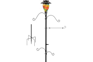 LUJII Solar Shepherds Hooks for Outside, Bird Feeder Pole with 4 Adjustable Hangers and 1 Flag Holder, Garden Stand for Hummingbird Feeders, Wind Chimes, Plant Baskets, Lanterns (Ribbon)