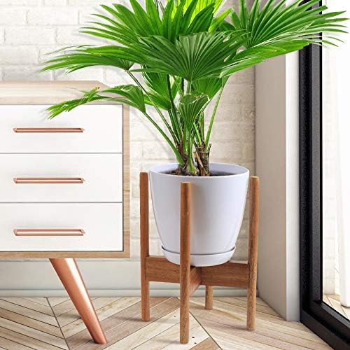 Glosom Indoor Plant Stand Including White Round Planter Pot Dia 8.4" - Mid Century Modern Plant Stand Acacia Wood
