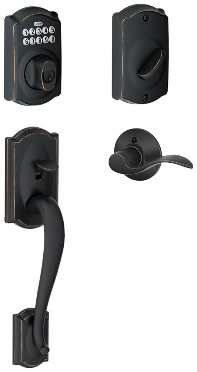 Photo 1 of Schlage FE365-CAM-ACC-LH Left Handed Camelot Electronic Handleset with Accent Le, Aged Bronze