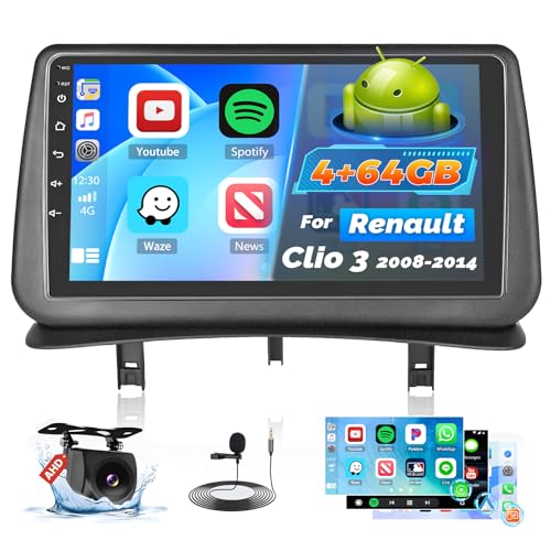 Roinvou 4+64G Android 15 Car Radio for Renault Clio 3 2008-2014 CarPlay Android Car, 9 Inch IPS Touch Screen WI-FI GPS Bluetooth 32EQ FM/RDS SWC Rear Camera
