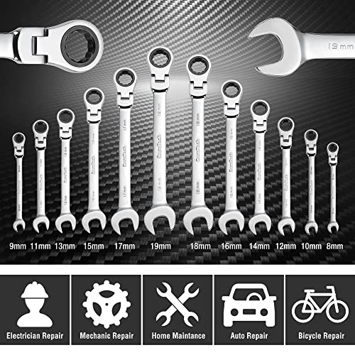 DURATECH Gelenk-Ratschenschlüssel Set, 12-teilig, 8-19 mm, Gabelschlüssel Ringmaulschlüssel Ring-Satz, mit 72 Zähnen, 5° Schwenkbereich, Chrom-Vanadium-Stahl, inkl. Rolltasche thumbnail 2