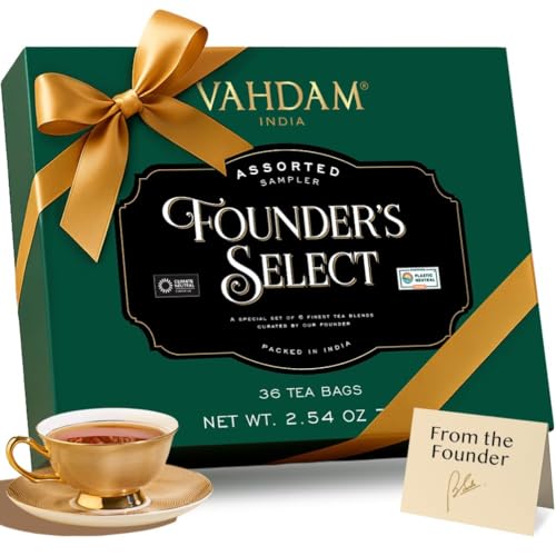 VAHDAM Favorites Tea Gift Box – Founder’s Select Collection | 6 Tea Flavors, 36 Individually Wrapped Tea Bags | Gift Set for Tea Lovers