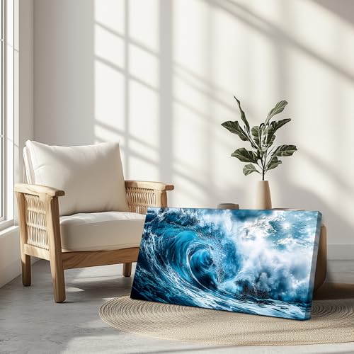 hyidecorart Large Modern Living Room Decorations, 73 x 146 cm, XXL Decorative Canvas, Wall, Bedroom, Decorative Wall Sheets, Strong Waves, Blue Wall Art, Dining Room, Office, Hallway, Bathroom