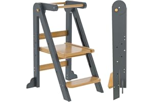 BONBAY Toddler Tower, Foldable Step Stool for Toddlers, Toddler Kitchen Stool Helper with 3 Adjustable Height Safty Rail and Anti-Tip Structure, Learning Tower for Toddlers Kids Baby