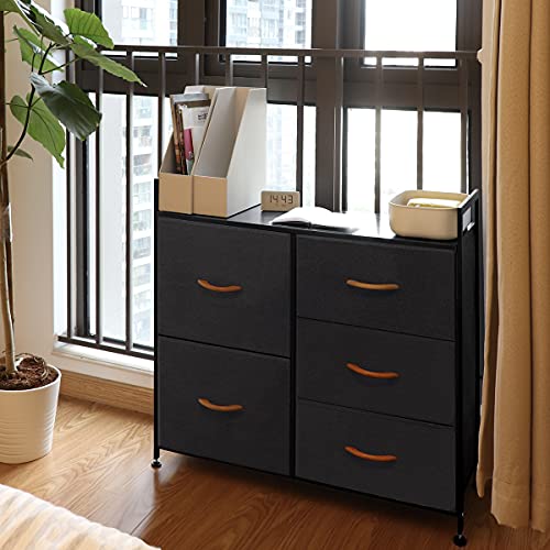 LadyRosian Non-woven Storage Cabinet - 5 Drawer Dressers Closet Dresser - BlackGrey Clothes Storage, Organization and Storage Bedroom - Storage Tower with Steel Frame & Wood Top