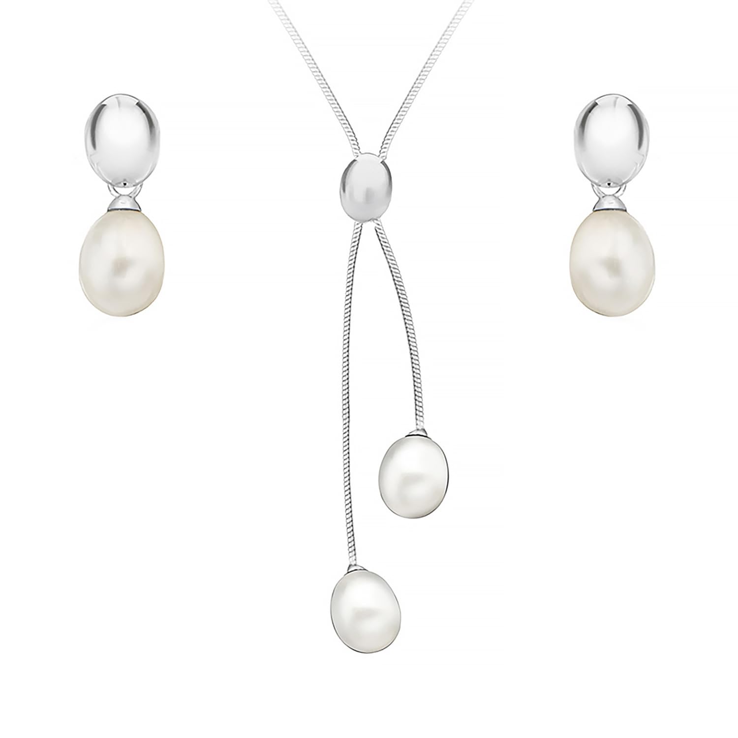 Tuscany Silver Women's Sterling Silver Set of White Pearl Earrings and Necklace of Length 43 cm/17 Inch