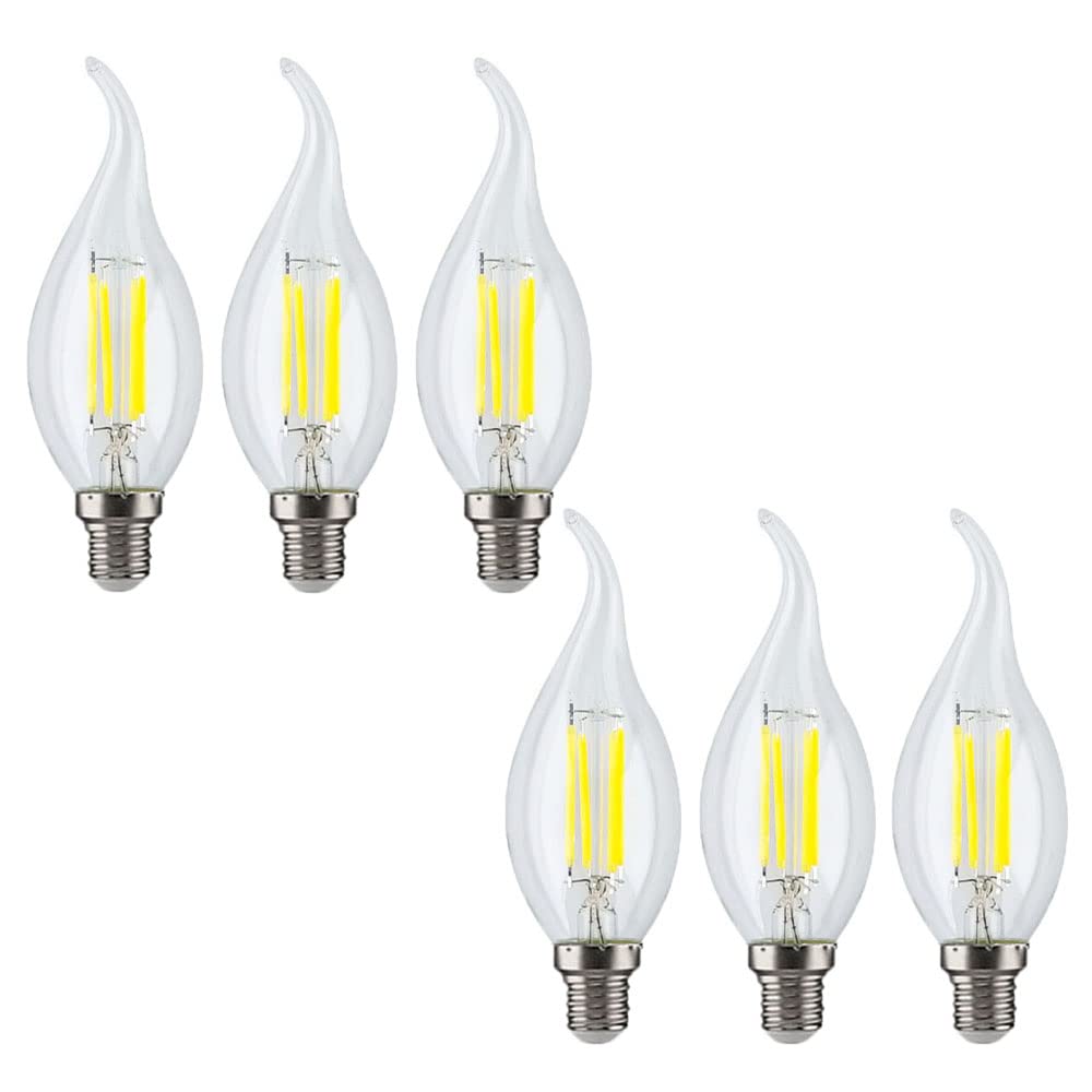 ZYUJIA 6 Packs 6W E14 LED Candle Bulb(Equivalent to 60W) 600LM Not-Dimmable C35 LED Filament Light Bulb,6500K Cool White Vintage Filament Energy Saving Candelabra Lamp,360 Beam Angle