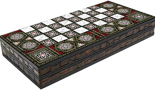 Chessgammon BACKGAMMON SET BOARD CHECKERS DRAUGHTS SET LARGE YENIGUN WOODEN FOLDABLE STORAGE TRAVEL HOLIDAY ADULT KIDS FAMILY TRADITIONAL BOARD GAME MOTHER OF PEARL DESIGN WITH DOUBLING DICES
