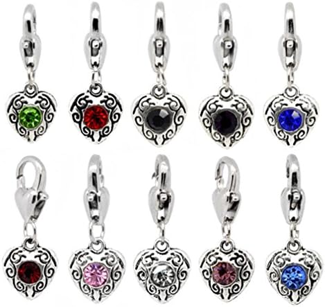 50 Silver Heart Charms with Colorful Rhinestones Clip-On Lobster Clasp Bulk Lot of 50 Charms