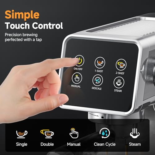 AMZCHEF Espresso Coffee Machines with 20 Bar Pressure, Self-Cleaning & Memory Function, LED Touch Screen, Compact Coffee Machine with Milk Frother for Home, Metallic Silver