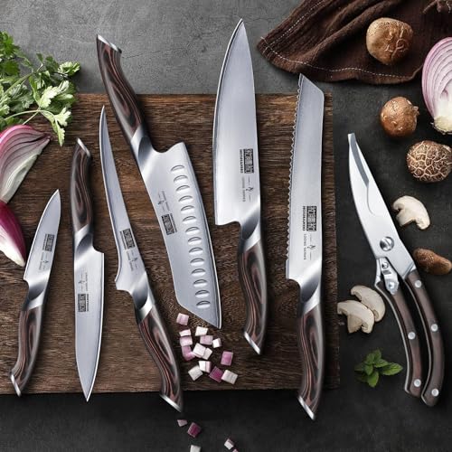 HOSHANHO 8PCS Kitchen Knife Set, Ultra Sharp Japanese Knife Sets with Block | Japanese High Carbon Super Steel Knife Block Set, Professional Chef Knife Set with Scissors, Ergonomic Handle, Ideal Gifts