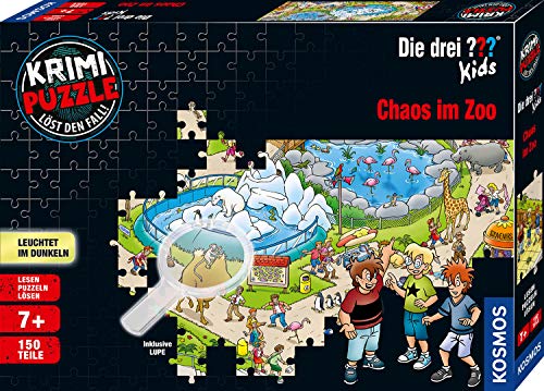 Die drei ??? KOSMOS 697990 Krimi Puzzle, Kids Chaos im Zoo, 150 Teile, Leuchtet im Dunkeln, Lesen, Puzzeln, Rätsel lösen, Kinder ab 7 Jahre, Detektiv Puzzle, Zoo Puzzle mit Die drei Fragezeichen Kids