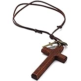 LNKRE JEWELRY Cross Necklace for Men with Leather Chain Vintage Look Wood Necklace