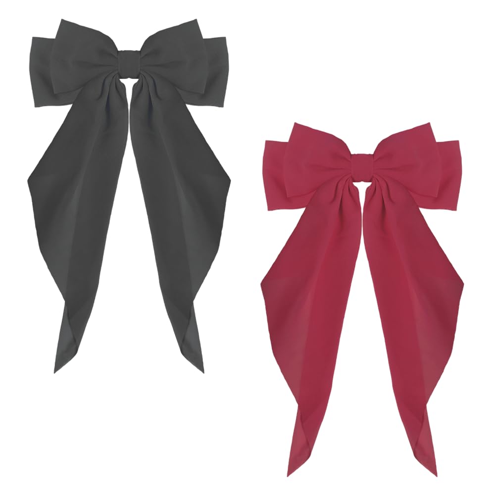ZEVONDA 2 Pieces Big Bow Barrettes - Chiffon Hair Bow Clips French Bowknot with Long Tail Solid Color Bowknot Metal Hairpin Women Girl (Black+Rose Red)
