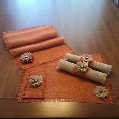 Burlap Burnt Sienna Table Runners, Placemats, Silverware Holders, Napkin Rings or Decorative Napkins with Handmade Flower Accent (Quantities of 4 or 6)