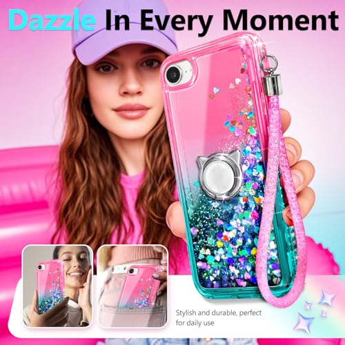 NGB Designed for iPhone SE (3rd 2022 & 2nd Gen 2020)/iPhone 8/7/6/6S Case, Pink/Aqua | Glitter Liquid Cute Cover for Women Girls Kids | with Tempered Glass Screen Protector & Ring Holder-Wrist Strap