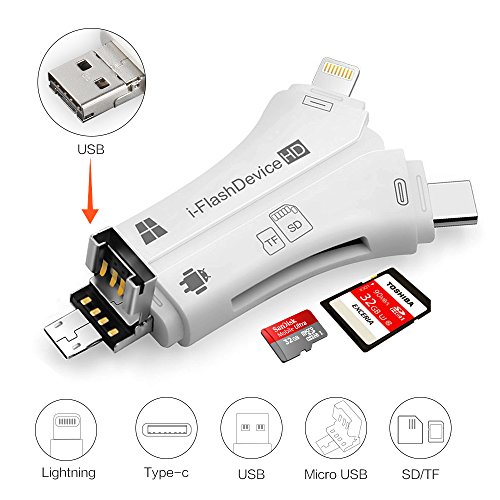 Card Reader, 4 in 1 i Flash Drive USB Micro SD &TF Card Reader Adapter for iPhone iPad IOS Android (White)