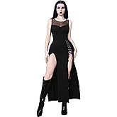 InGoticos Women Sexy Gothic Dress,Mesh See-Through Splicing Punk Metal Y2k Side Cut-Out Rope Slit Goth Dress