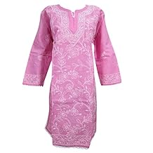 Mogul Interior Womens Tunic Dress Pink Floral Embroidered Cotton Kurta L