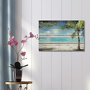 Canvas Prints Wall Art - Tropical Beach with Palm Tree on Vintage Wood Background Rustic Home Decoration - 12" x 18"