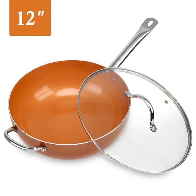 SHINEURI 12 Inch Nonstick Ceramic Woks and Stir Fry Pans with Lid