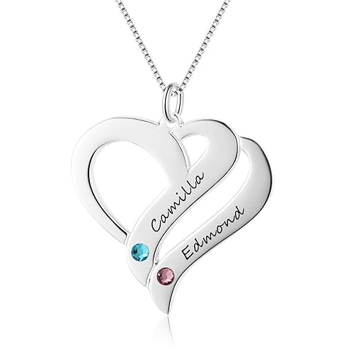 Namenskette Herz 925 Sterling Silber mit zwei Wunschnamen und Geburtsstein, invididuelle Herz Kette Silber/Rosegold/Gold mit 