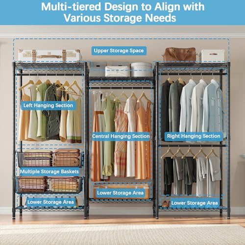 VIPEK V10 Wire Garment Rack 5 Tiers Heavy Duty Clothes Rack with Hanging Rods, Wire Shelves & 2 Slid Storage Baskets, Large Size Clothing Rack 68.9" W x 15.7" D x 76.4" H, Max Load 920 LBS, Black