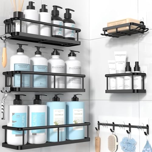 Beauenty Shower Caddy,100% Rustproof Bathroom Decor Shelves with Hooks And Soap Holder,No Drill Bathroom Organizers and Storage,6-Pack Large Capacity Shower Shelves for Bathroom,Toilet,Kitchen(Black)