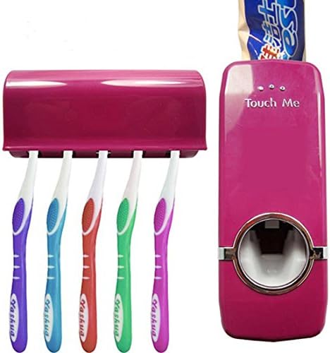 Corner Biz Bath - Wall Mounted Automatic Toothpaste Dispenser Toothpaste Squeezer and 5 Toothbrush Toothbrush Holder Red Set