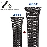 50FT Wire Loom Sleeving 1/4 inch & 1/2 inch Expandable Braided Cable Sleeve for Car Trunk Organizer, Speaker Wire, PureBlack