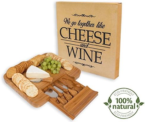 Caddia Co 100% NATURAL BAMBOO Cheese Board with Hidden Slide Out Drawer and a Stainless Steel Cutlery Knife Set Perfect For Housewarming Gift Ideas, Wedding, Birthday Gifts, Fathers Day, Mom or Dad