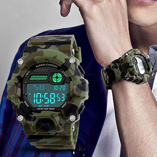 Venhoo Digital Kids Watches Outdoor Sport Waterproof Electronic EL-Light with Alarm Stopwatch Luminous Casual Military Wrist Watch Gift for Kids Boys Girls (9-18 Camouflage) - Thumbnail 6