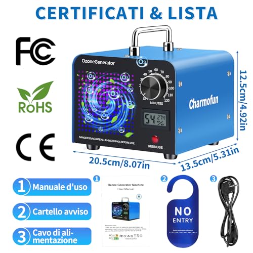 Charmofun Professional Ozone Generator 60000mg/h, Industrial Ozonizer for 300㎡, High Capacity O3 Ozone Machine, Ozone Generator for Home Car Smoking Animals (Blue)