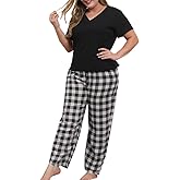 Women Plus Size Pajamas Set Plaid Lounge Pants V-Neck Short Sleeve Cotton T Shirt 2 Piece Sleepwear