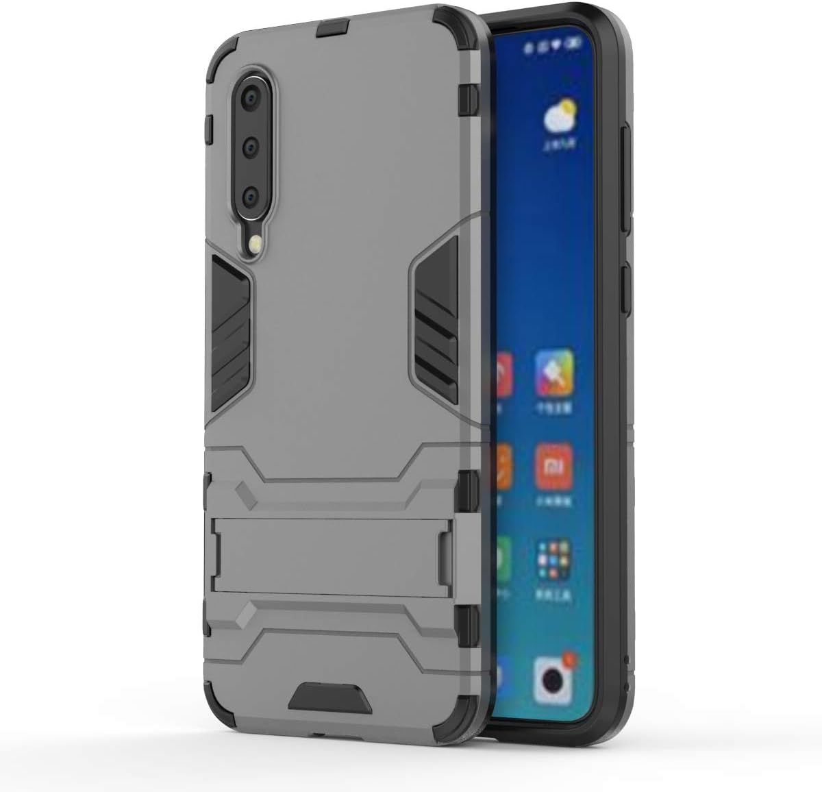 Dual-Layer Hybrid Protective Case for Xiaomi Mi 9 SE, Grey Rugged Case, Heavy Duty Armor Style Inner TPU Case+Plastic Hard Back Cover Shockproof Case Cover with Kickstand for Mi 9 SE