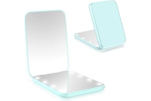 WOBSION Small Mirror with Lights,LED Compact Makeup Mirror,1x/3x Mini Travel Mirror with Magnification,Portable for Purse,Pocket,Gifts for Girls,Cyan