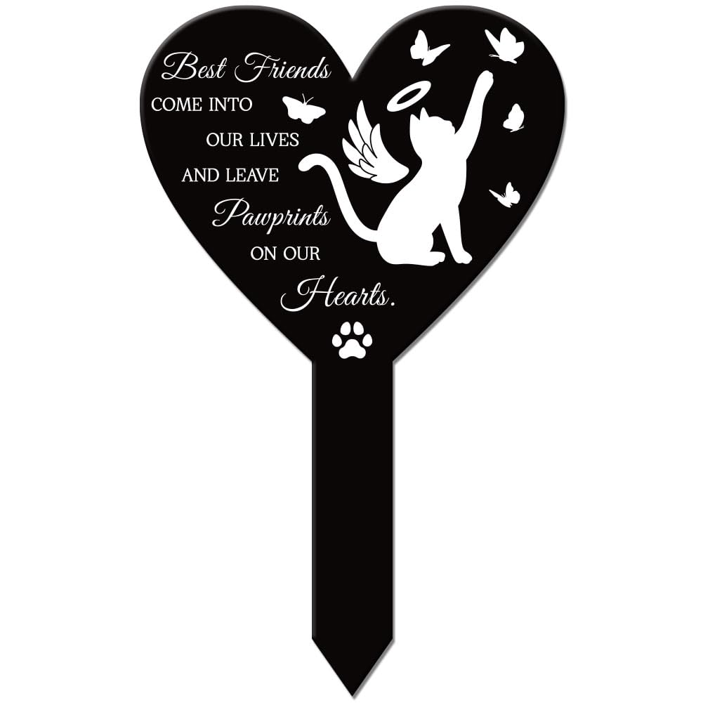 GLOBLELAND Heart Shaped Cat Memorial Plaque Stake, Acrylic, 258x158mm/10x6.2inch, Cemetery, Garden, Yard, Grave, Sympathy Gift