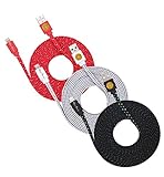 10ft Braided Flat Noodle Lightning Cables for iPhone 6s, 6 Plus (red wte blk)