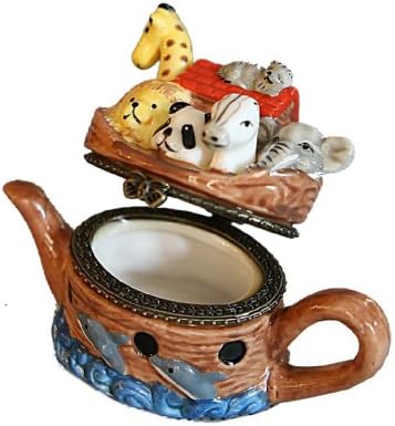 Jewish Unique Ceramic Gift / Jewelry Box, Noah's Ark With Animals Design Shaped in Style of pot. Great Gift For: Rosh Hashanah Shabbat Purim Sukkot Simchat Torah Hanukkah Passover Lag Baomer Shavuot Rabbi Bridesmaid Temple Shul Chupah Wedding Housewarming Thanksgiving Anniversary Mother’s Day father's Day Bar Mitzvah Bat Mitzva And Jewish Homes. Jewish Art
