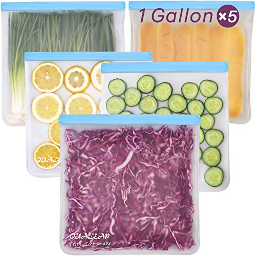 Reusable Gallon Freezer Bags (1 Gallon, Set of 5) - Leakproof Ziplock Reusable Storage Bags for Sandwich, Snack, Meat, Vegetables, Fruit etc.