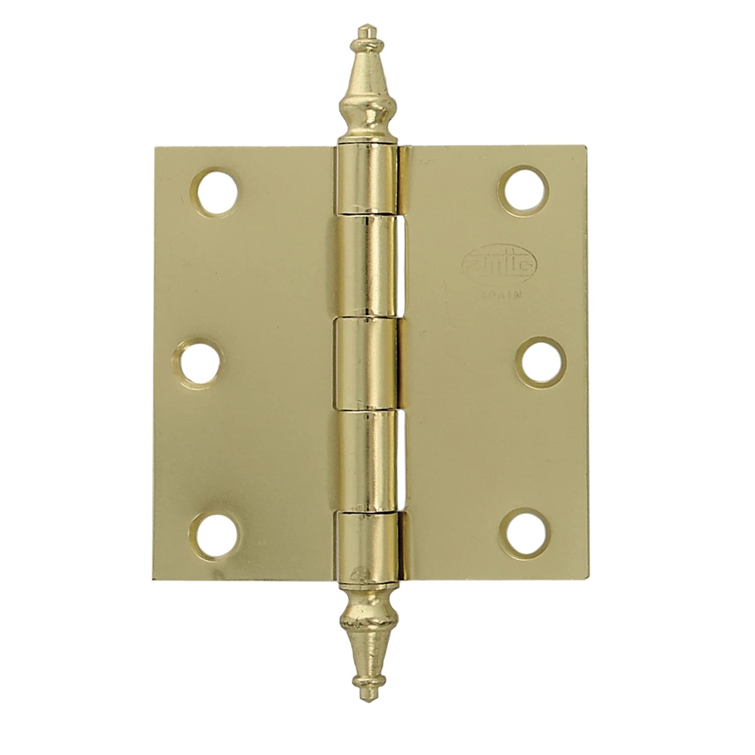 Amig | Hinge with Finial | 76 x 76 x 1.6 mm | Shaft Diameter 6 mm | Model 1011 | Steel | Varnished Brass Finish | Square Edge | Removable Pin