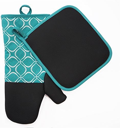 Heat Resistant Hot Oven Mitts & Pot Holders for Kitchen Set With Cotton Neoprene Silicone Non-Slip Grip Set of 2, Oven Gloves for BBQ Cooking Baking, Grilling, Machine Washable (Blue Neoprene)