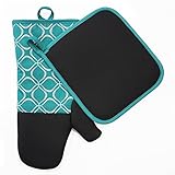 EnjoyLife Inc Shaped Oven Mitts Pot Holders Set of 2 Kitchen Set Cotton Neoprene Silicone Non-Slip Grip, Heat Resistant, Oven Gloves BBQ Cooking Baking, Grilling, Machine Washable (Blue Neoprene)