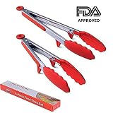Kitchen Tongs,ONDY Stainless Steel Non-Stick Heavy Duty Cooking Tongs With Silicone Heads And Stands Design For Cooking,Salad,BBQ,Serving,Set Of 9, 12 Inch (Red)