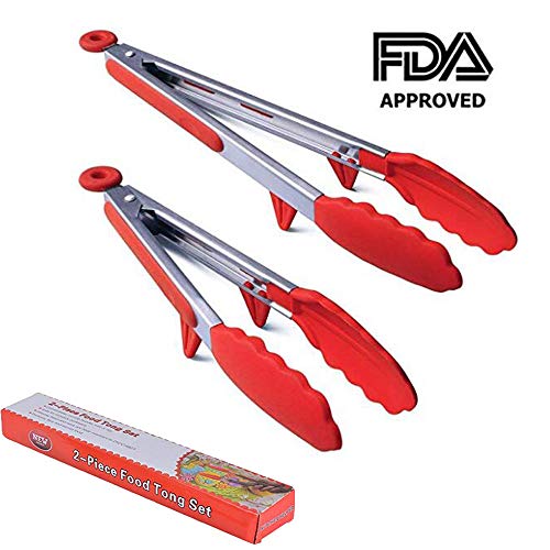 Kitchen Tongs,ONDY Stainless Steel Non-Stick Heavy Duty Cooking Tongs With Silicone Heads And Stands Design For Cooking,Salad,BBQ,Serving,Set Of 9, 12 Inch (Red)