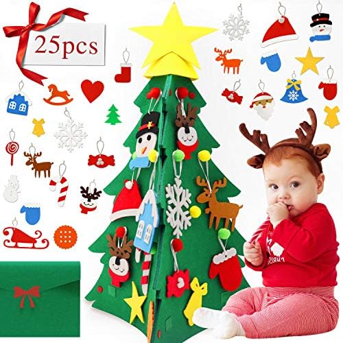MAJALiS 3D DIY Felt Christmas Tree Set with 25pcs Decorative Ornaments Creative Xmas Gifts Christmas Decorations for Toddlers Kids Children with Gift Bag