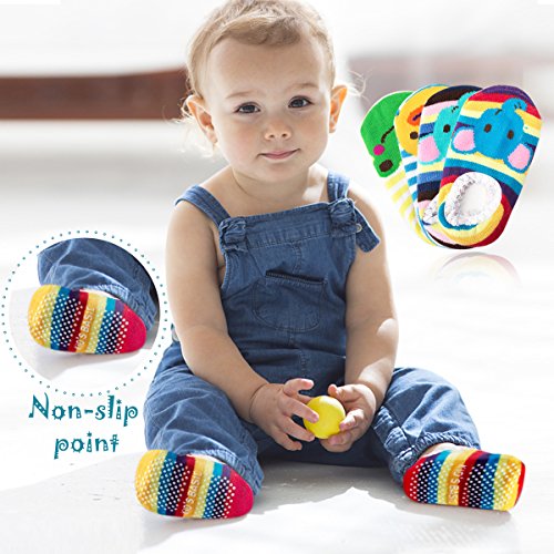 CIEHER 5 Pairs Cute Animal Stripes Non-Skid Baby Slipper Socks with Grip for 6-20 Months Baby Infants Toddler, 5 Cute Colors - Thumbnail 2