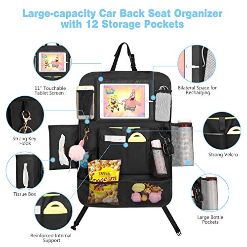 Car Backseat Organizer-2 Pack Universal Car Seat Back Protectors Kick Mats with 12 Storage Pockets, Car seat Organizer for Kids Baby Toy Tissue Bottle Vehicle Travel Accessories + 2 Car Headrest Hook - Thumbnail 2
