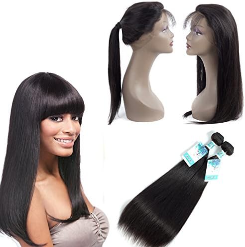 Sweeite Hair 360 Lace Frontal With Straight Hair Unprocessed Virgin Peruvian Straight Hair 3 Bundles With 360 Frontal Closure With Baby Hair Natural Color (14 16 with 12)