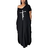 Women's Summer Casual Short Sleeve V Neck Tshirt Long Dress Loose Side Split Beach Maxi Dresses with Pocket